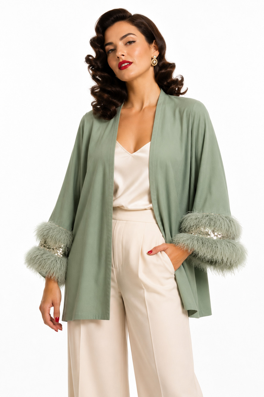 Lilli Diamond California Vintage Green Feather Cuff Old Hollywood Jacket sz 14